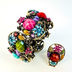 Bronze Floral Bracelet with Crystals and stones + Matching Ring Flexible Size